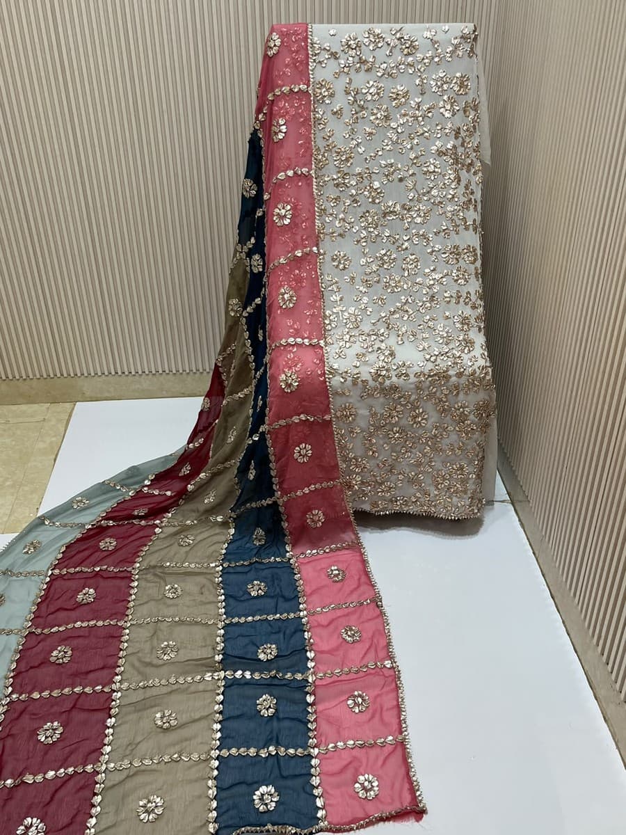 Ivory Silver Gota Suit with Rose & Navy Striped Tiered Dupatta by Sahba